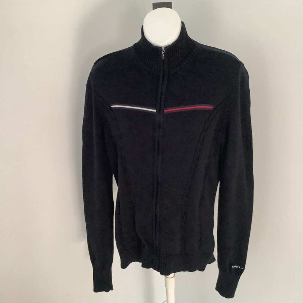 Tommy Hilfiger Women’s Black Zip-Up Sweater with Red and White Logo Sz. S